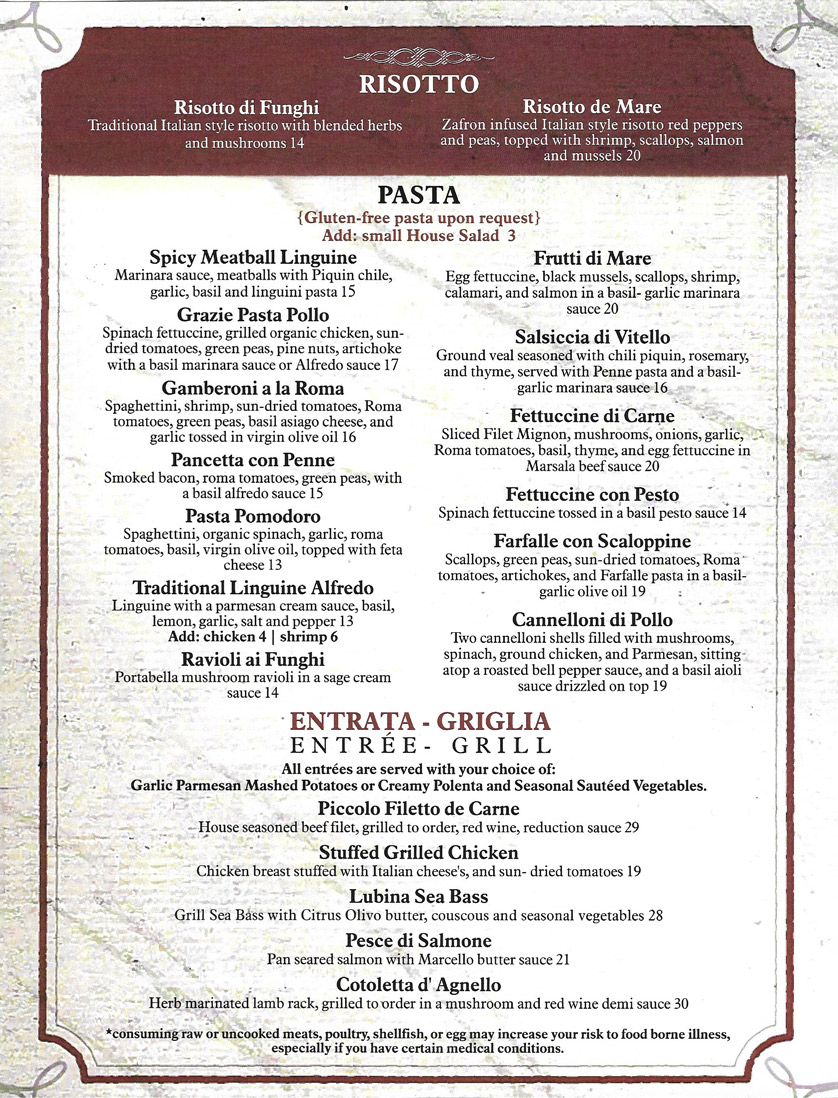 Winter 2022 Cafe Grazie dinner menu page 2