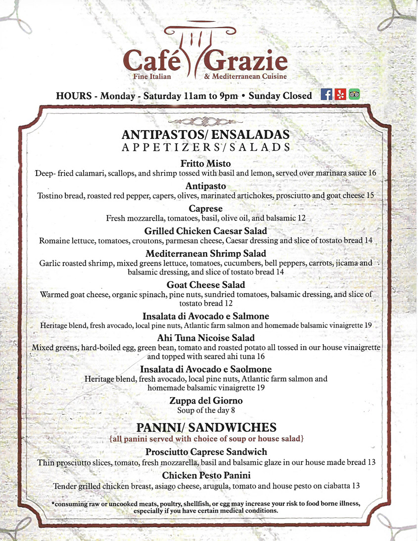 Winter 2022 Cafe Grazie lunch menu page 1
